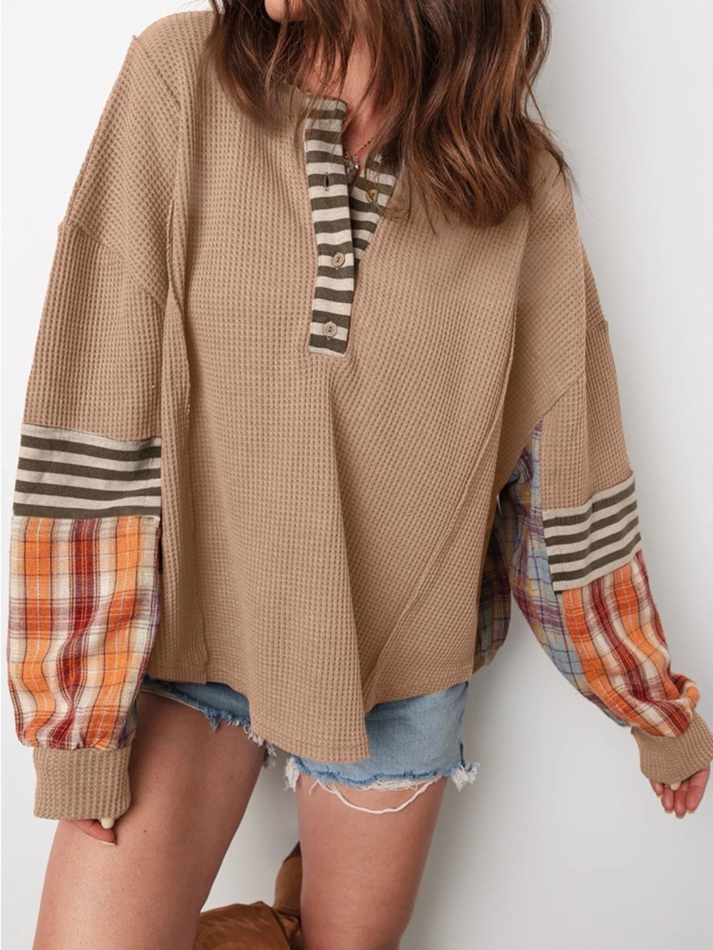 easel Orange/Salmon Waffle-Knit Boho Festival Patchwork Henley Plaid Sleeves, L